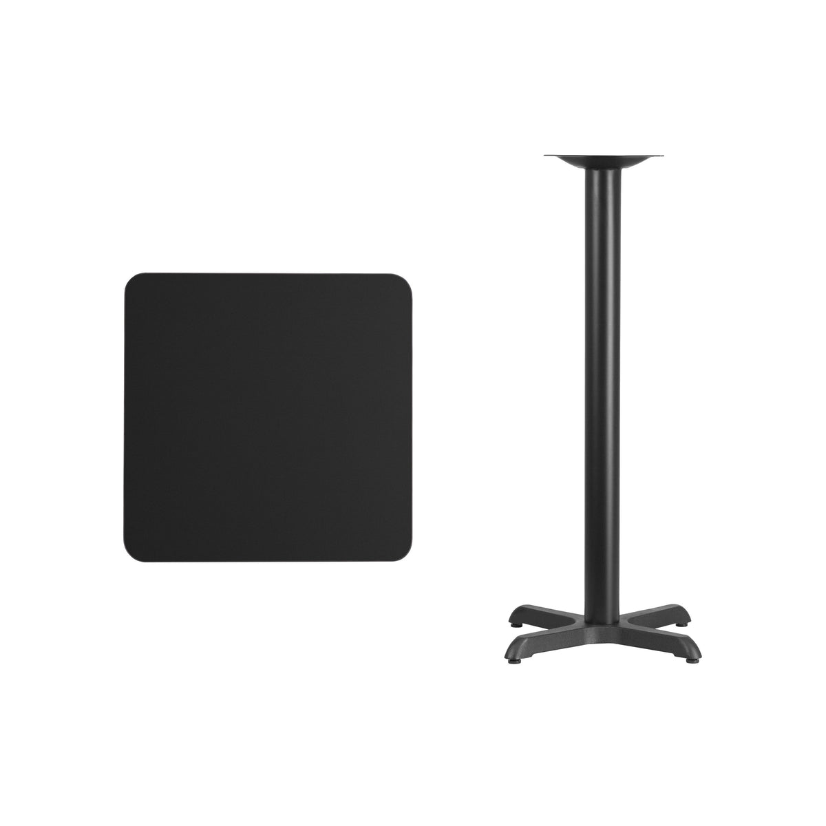 Black |#| 24" Square Black Laminate Table Top with 22" x 22" Bar Height Table Base