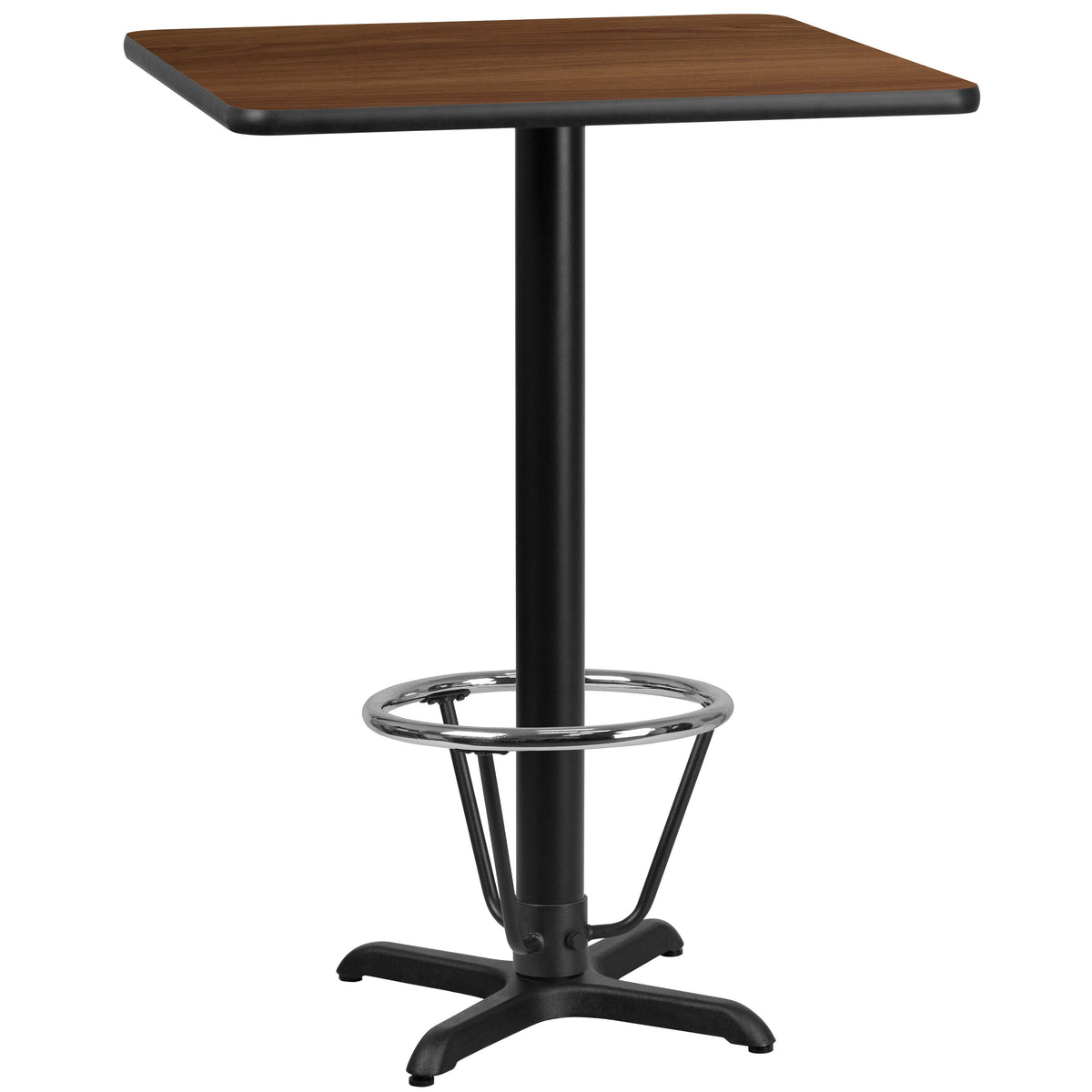 Walnut |#| 24" Square Walnut Laminate Table Top & 22"x 22" Bar Height Base with Foot Ring