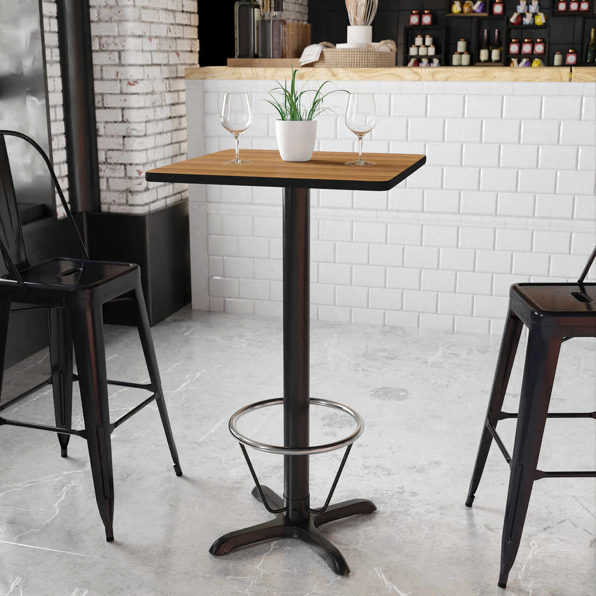 Walnut |#| 24" Square Walnut Laminate Table Top & 22"x 22" Bar Height Base with Foot Ring