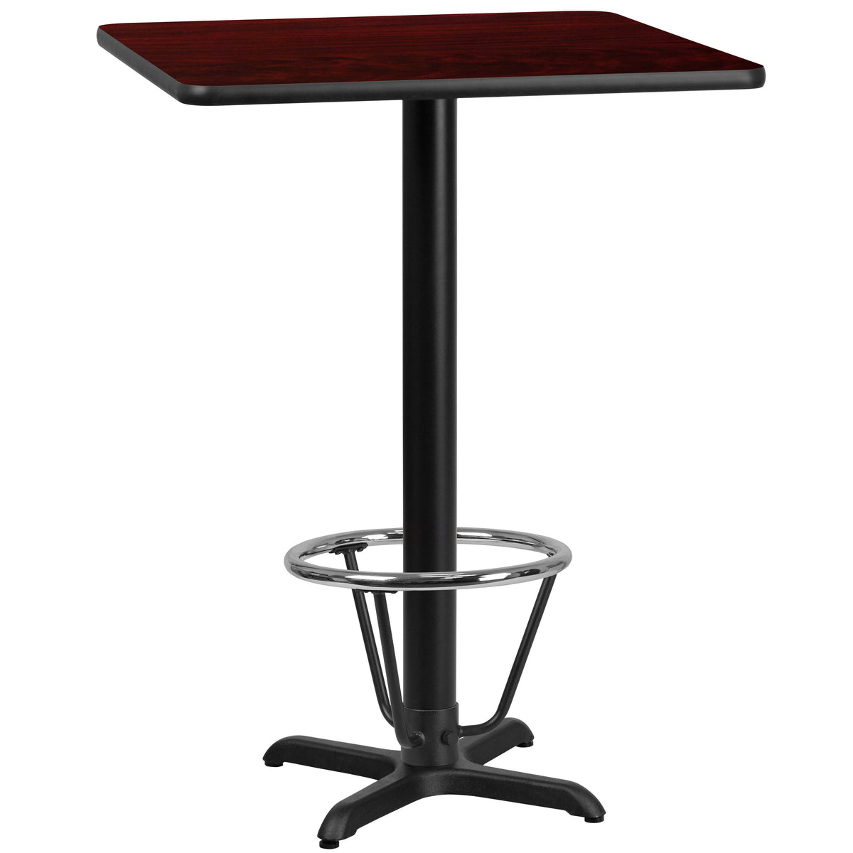 Mahogany |#| 24" SQ Mahogany Laminate Table Top w/ 22"x 22" Bar Height Table Base & Foot Ring
