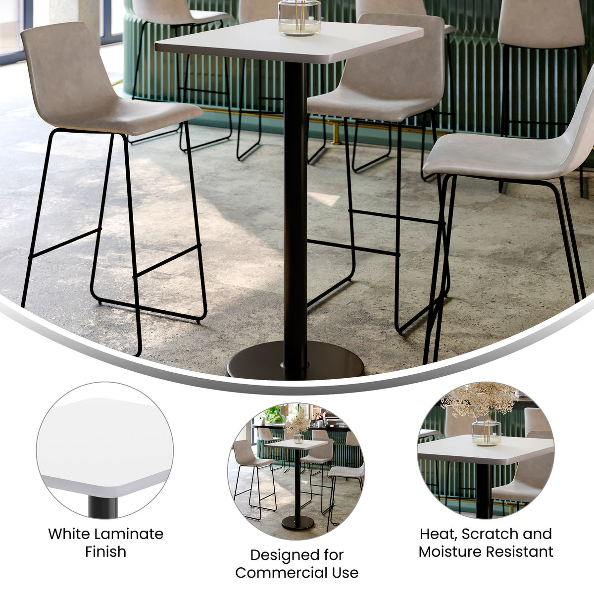 White |#| Commercial White Dining Table Top with Black Bar Height Base, 24" x 30"