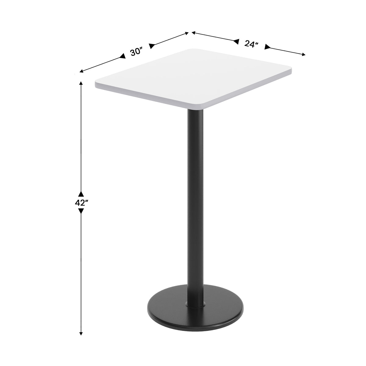 White |#| Commercial White Dining Table Top with Black Bar Height Base, 24" x 30"