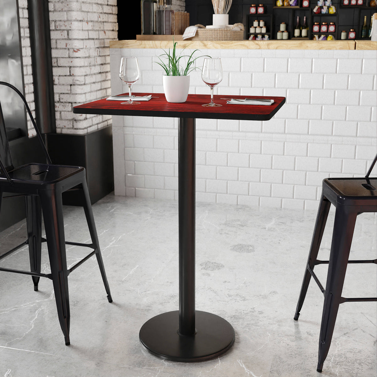 Mahogany |#| 24" x 30" Mahogany Laminate Table Top with 18" Round Bar Height Table Base