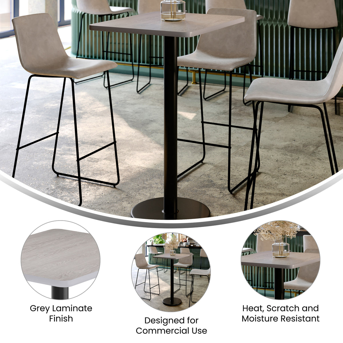 Gray |#| Commercial Gray Dining Table Top with Black Bar Height Base, 24" x 30"