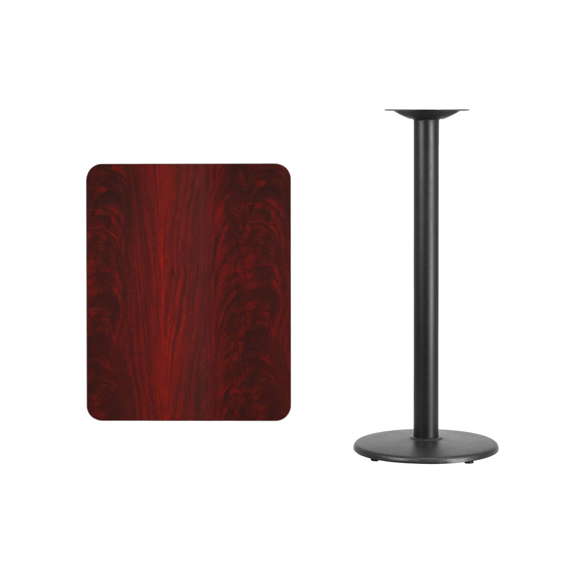 Mahogany |#| 24" x 30" Mahogany Laminate Table Top with 18" Round Bar Height Table Base