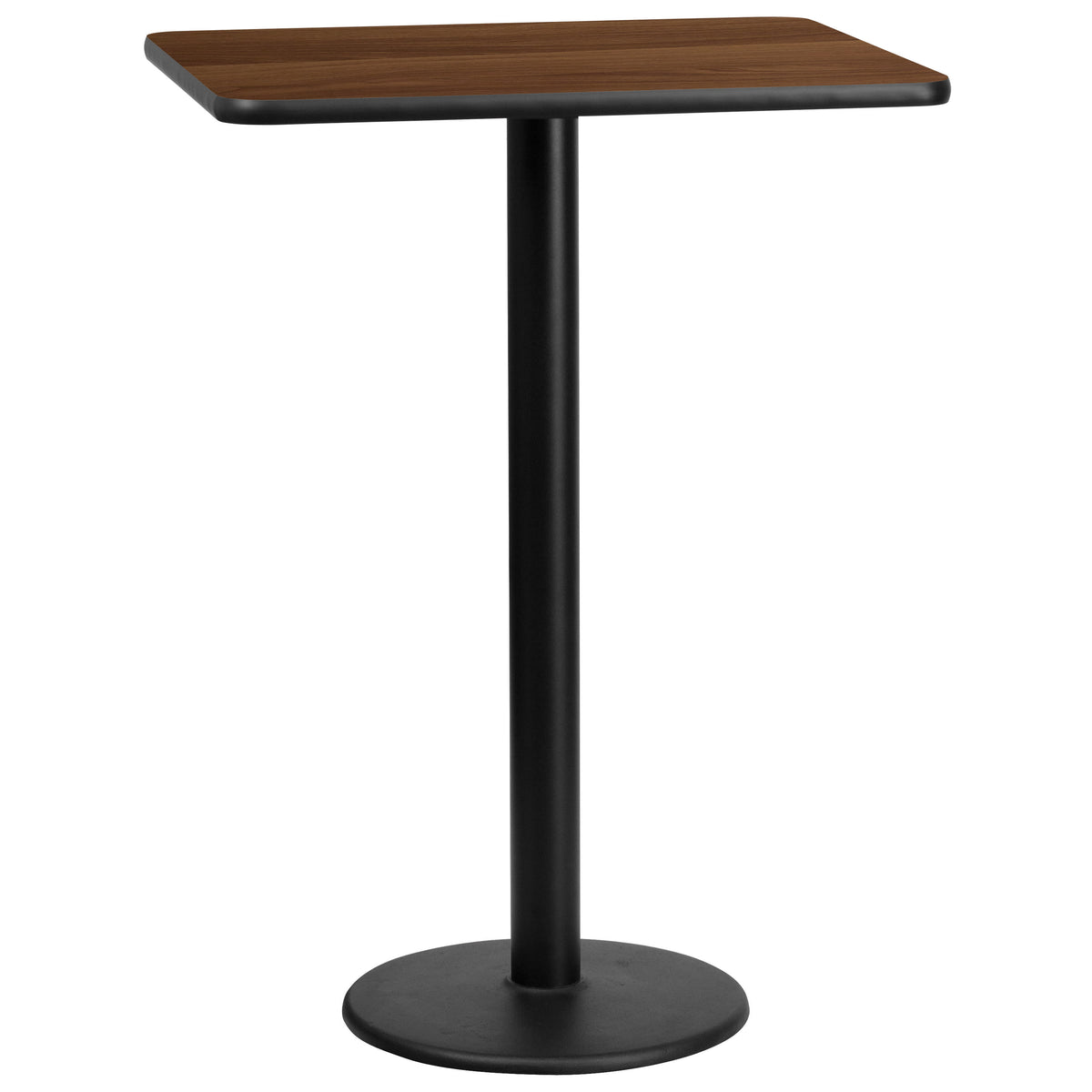 Walnut |#| 24x30 Rectangular Walnut Laminate Table Top & 18" Round Bar Height Table Base