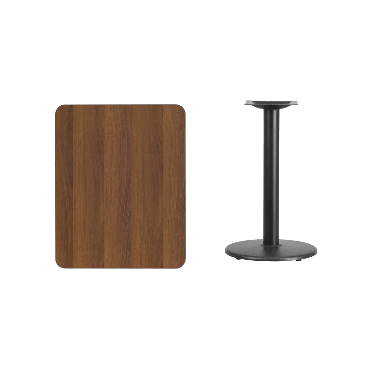 Walnut |#| 24" x 30" Rectangular Walnut Laminate Table Top with 18" Round Table Height Base