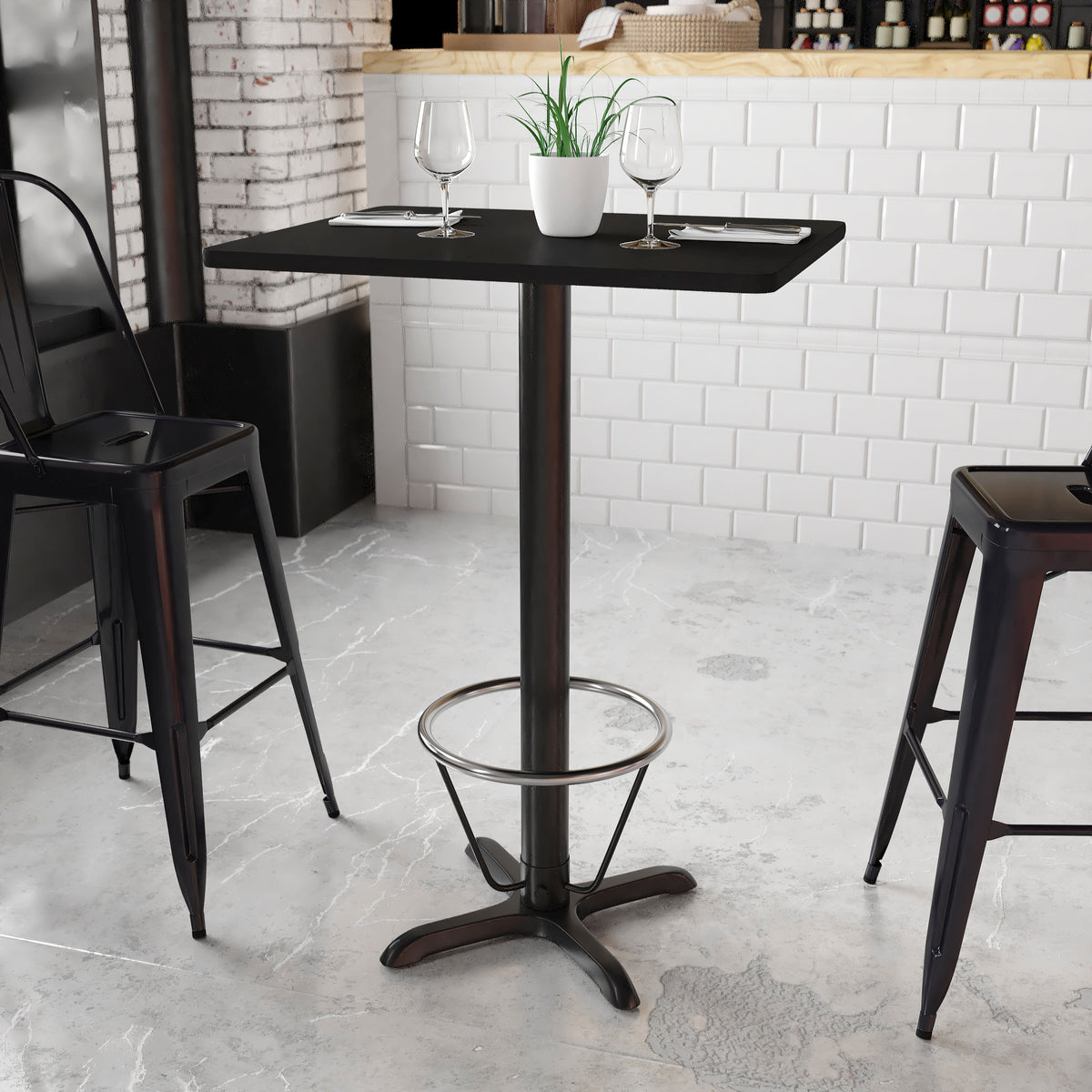 Black |#| 24" x 30" Rectangular Black Laminate Table Top & 22" x 22" Bar Height Table Base