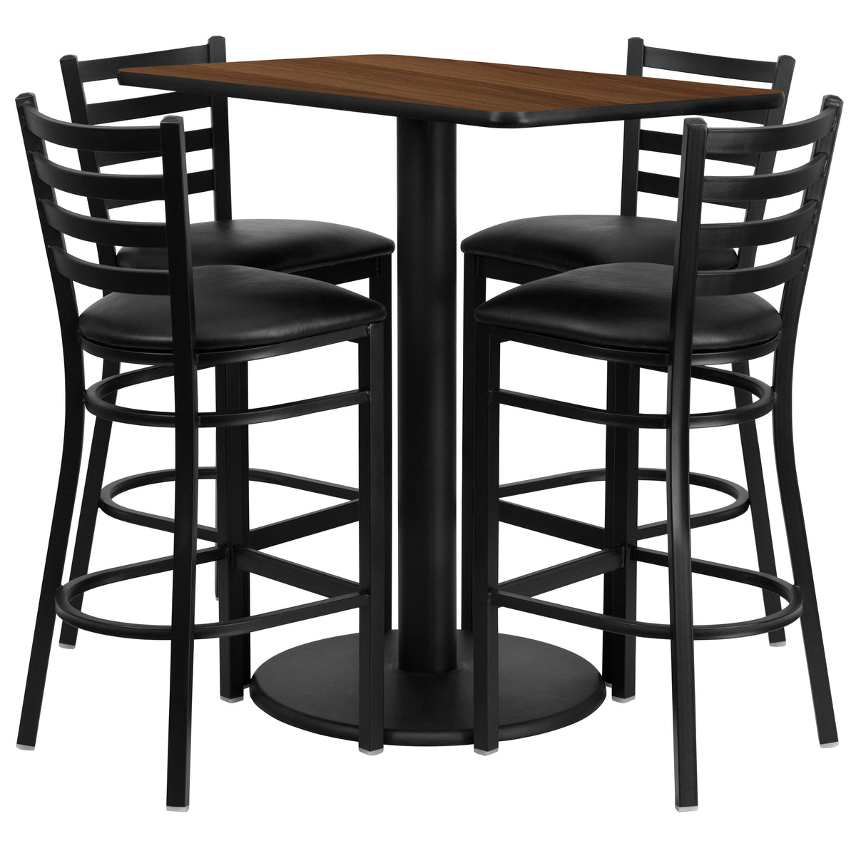 Walnut Top/Black Vinyl Seat |#| 24" x 42" Rectangular Walnut Laminate Table with 4 Ladder Back Metal Barstools