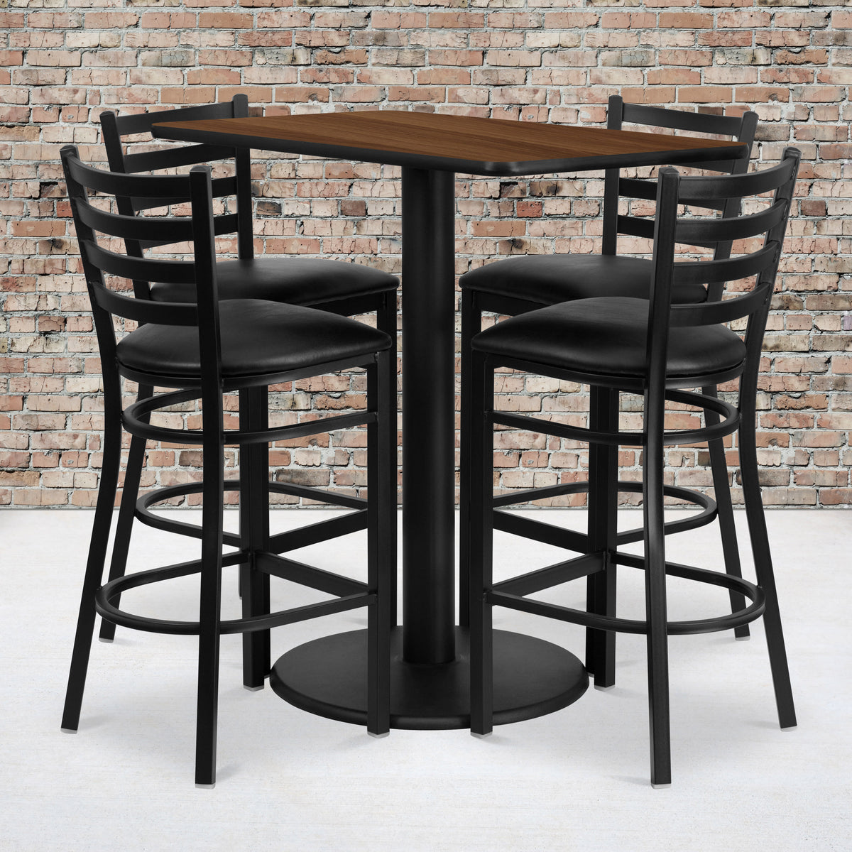 Walnut Top/Black Vinyl Seat |#| 24" x 42" Rectangular Walnut Laminate Table with 4 Ladder Back Metal Barstools