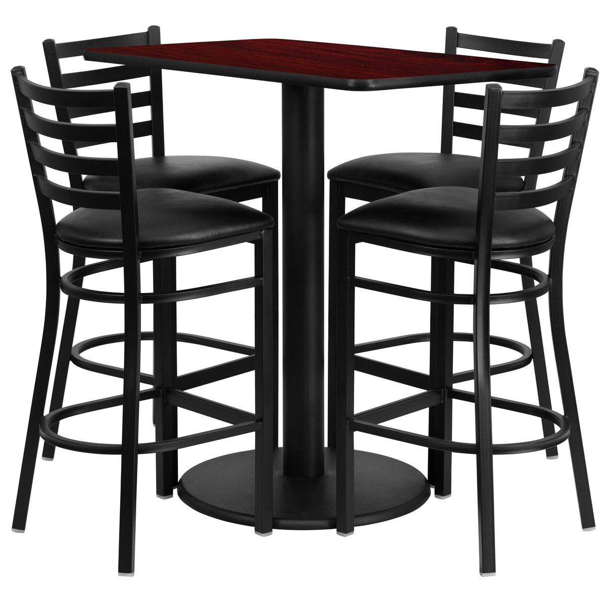 Mahogany Top/Black Vinyl Seat |#| 24" x 42" Rectangular Mahogany Laminate Table w/ 4 Ladder Back Metal Barstools