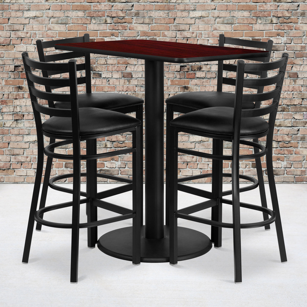 Mahogany Top/Black Vinyl Seat |#| 24" x 42" Rectangular Mahogany Laminate Table w/ 4 Ladder Back Metal Barstools