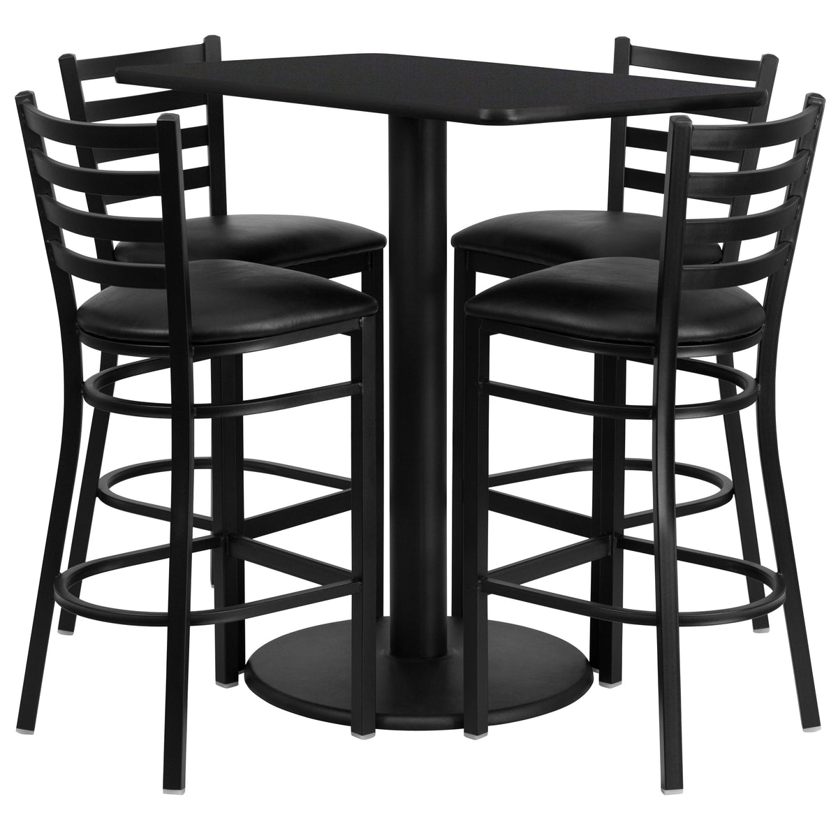 Black Top/Black Vinyl Seat |#| 24" x 42" Rectangular Black Laminate Table with 4 Ladder Back Metal Barstools