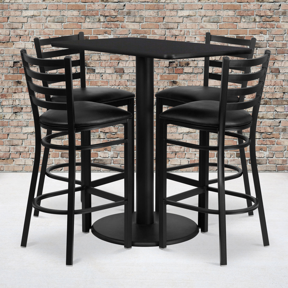 Black Top/Black Vinyl Seat |#| 24" x 42" Rectangular Black Laminate Table with 4 Ladder Back Metal Barstools