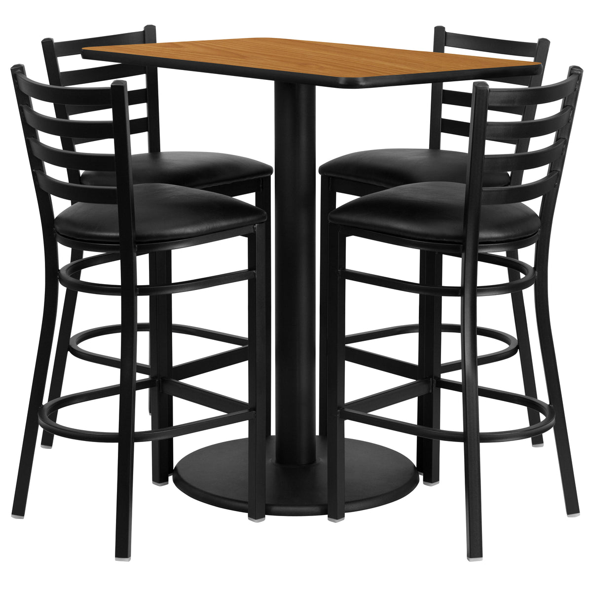 Natural Top/Black Vinyl Seat |#| 24" x 42" Rectangular Natural Laminate Table w/ 4 Ladder Back Metal Barstools