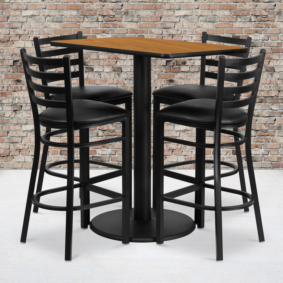 Natural Top/Black Vinyl Seat |#| 24" x 42" Rectangular Natural Laminate Table w/ 4 Ladder Back Metal Barstools