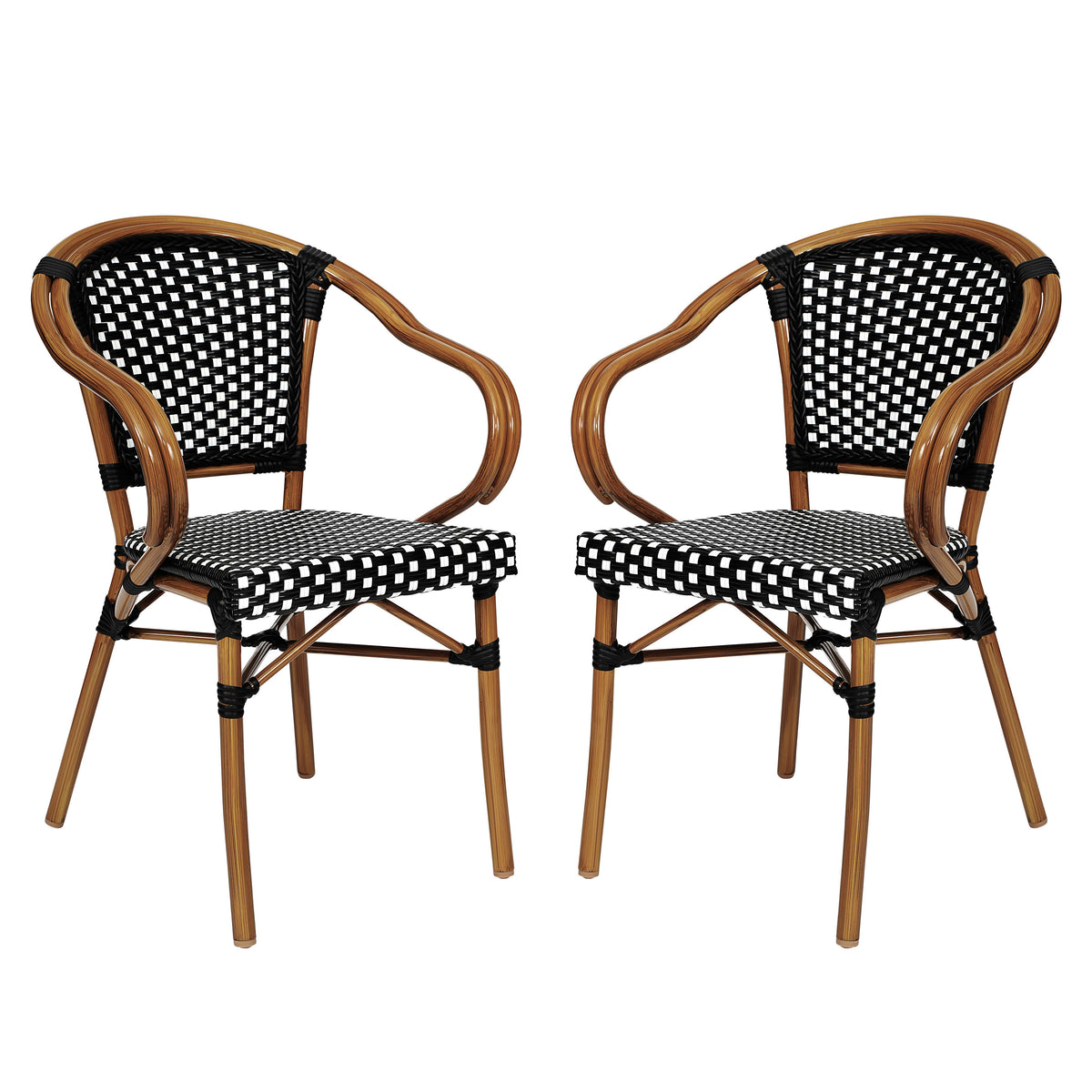Black & White/Natural Frame |#| 2 PK All-Weather Commercial Paris Chairs with Bamboo Print Metal Frames-Blk/Wht