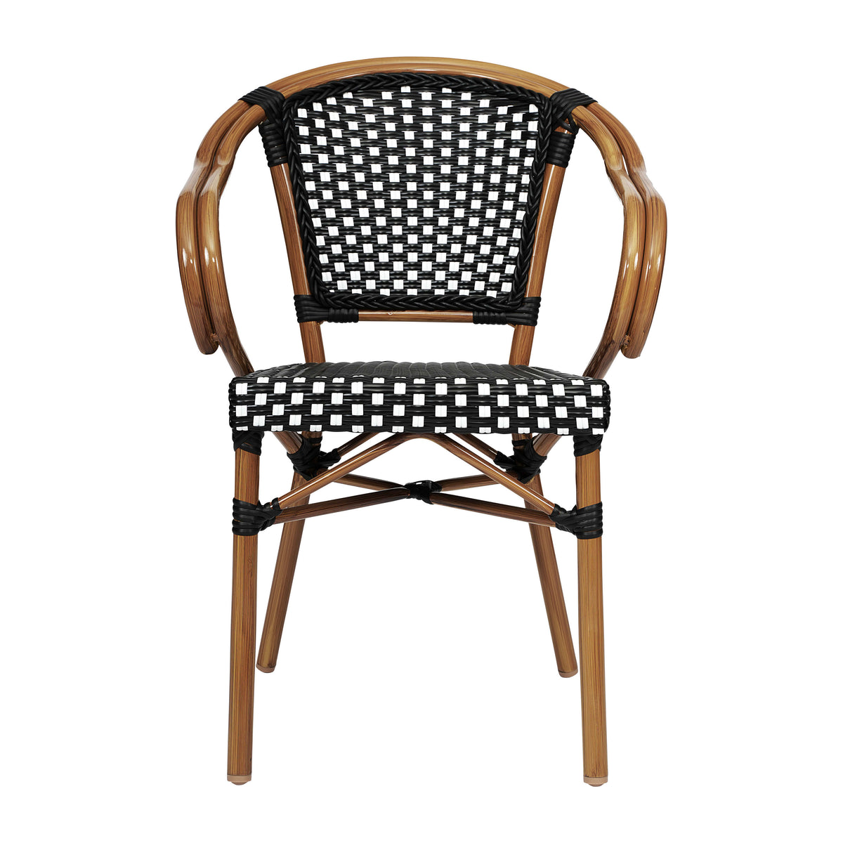 Black & White/Natural Frame |#| 2 PK All-Weather Commercial Paris Chairs with Bamboo Print Metal Frames-Blk/Wht