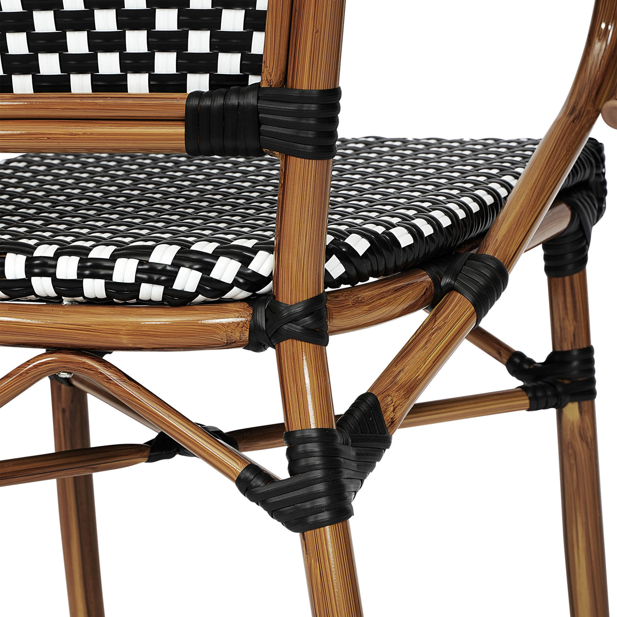 Black & White/Natural Frame |#| 2 PK All-Weather Commercial Paris Chairs with Bamboo Print Metal Frames-Blk/Wht