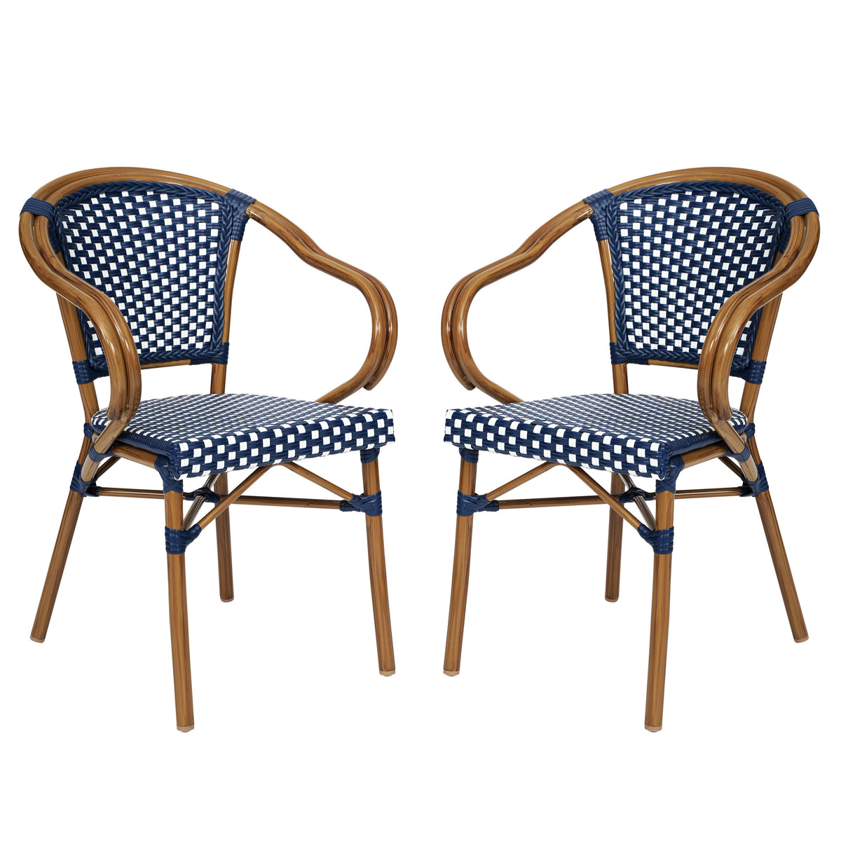 Navy & White/Natural Frame |#| 2 PK All-Weather Commercial Paris Chairs with Bamboo Print Metal Frames-Navy/Wht