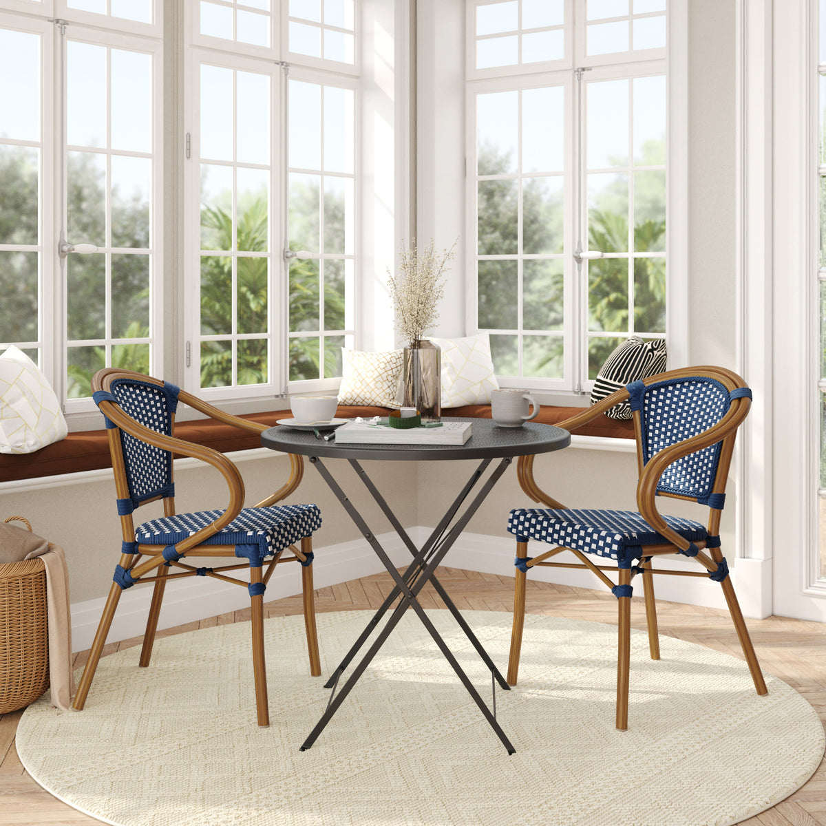 Navy & White/Natural Frame |#| 2 PK All-Weather Commercial Paris Chairs with Bamboo Print Metal Frames-Navy/Wht