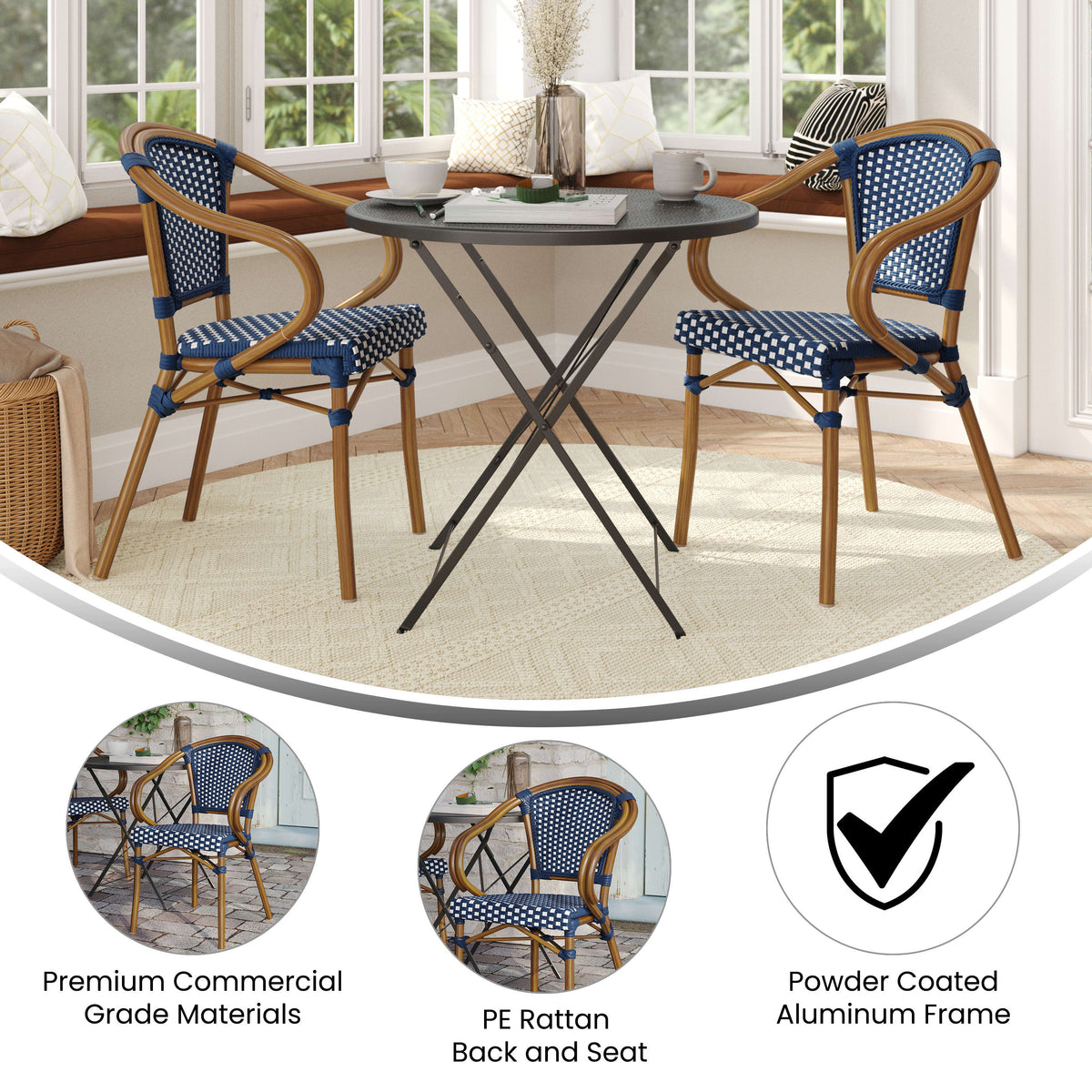 Navy & White/Natural Frame |#| 2 PK All-Weather Commercial Paris Chairs with Bamboo Print Metal Frames-Navy/Wht