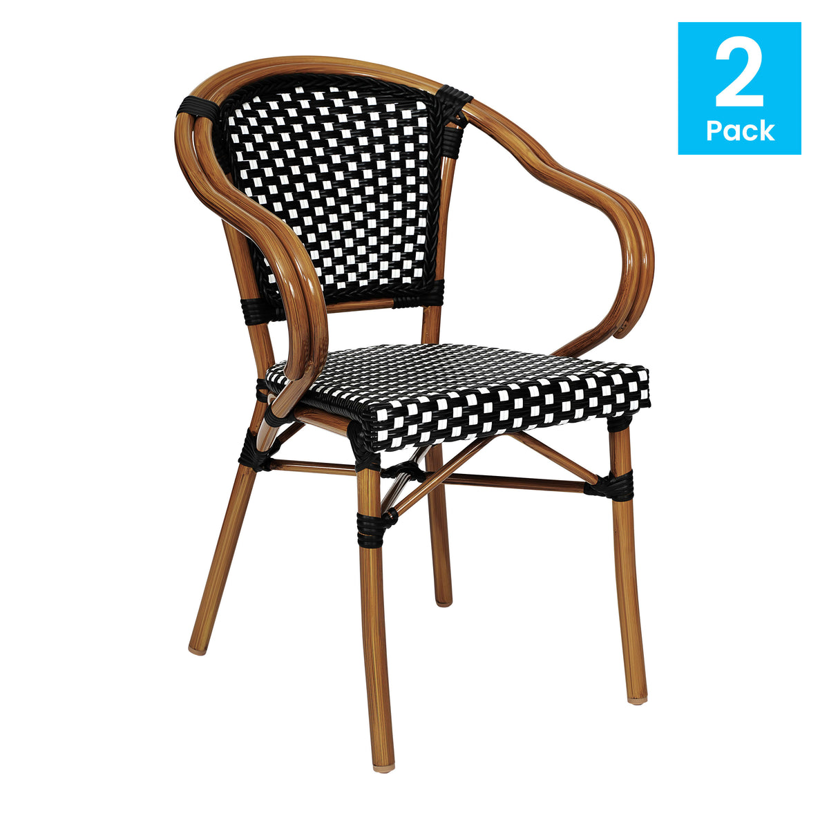 Black & White/Natural Frame |#| 2 PK All-Weather Commercial Paris Chairs with Bamboo Print Metal Frames-Blk/Wht