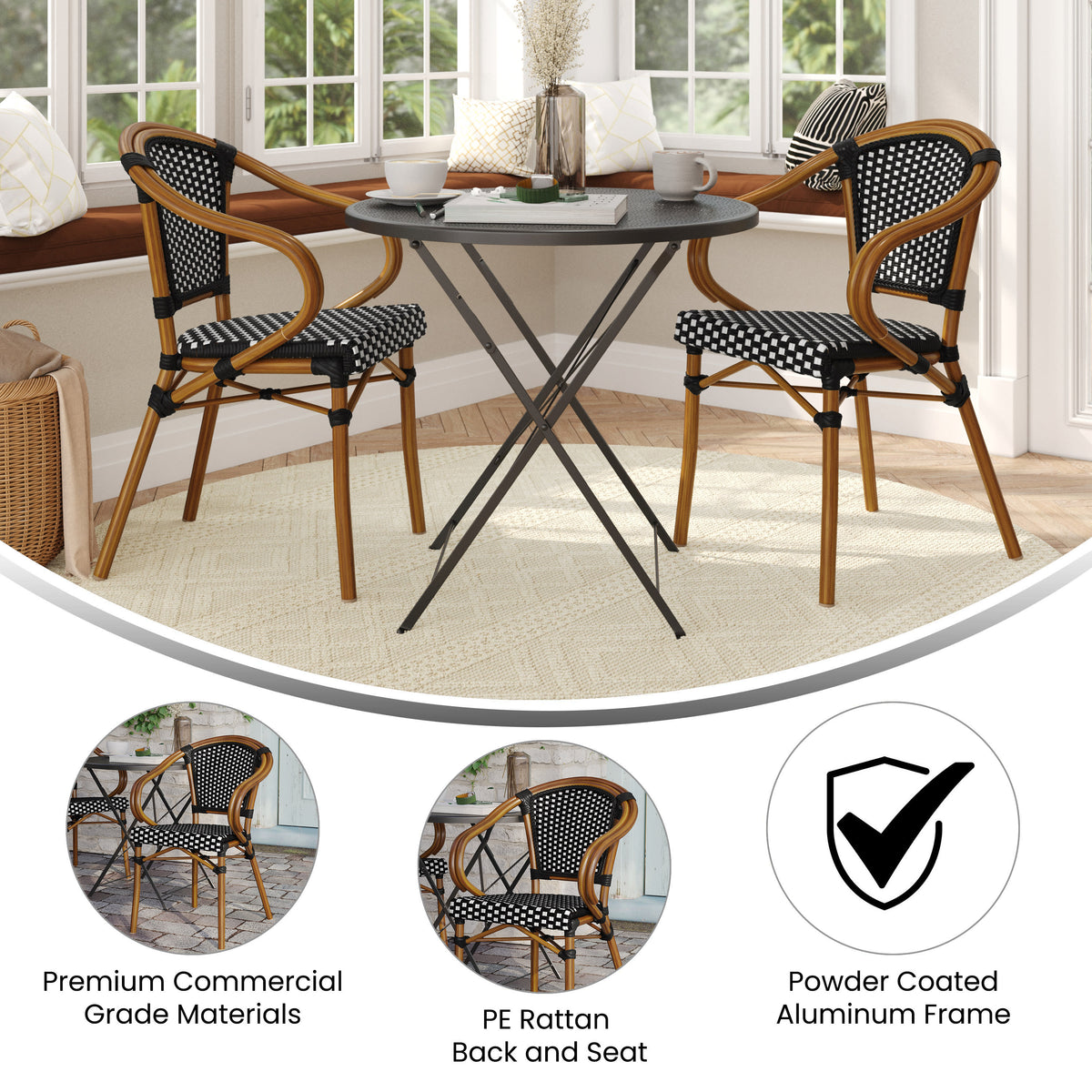 Black & White/Natural Frame |#| 2 PK All-Weather Commercial Paris Chairs with Bamboo Print Metal Frames-Blk/Wht