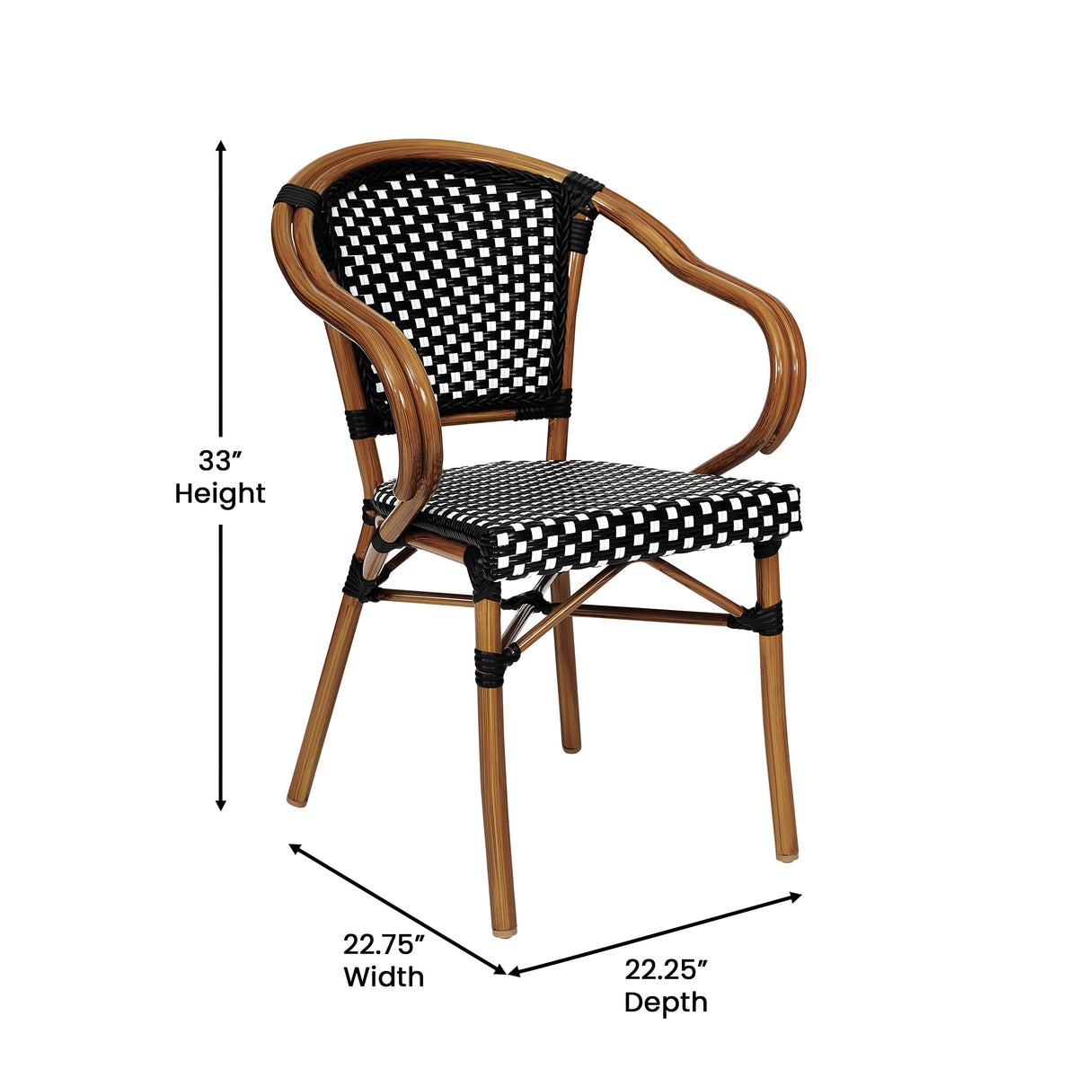 Black & White/Natural Frame |#| 2 PK All-Weather Commercial Paris Chairs with Bamboo Print Metal Frames-Blk/Wht