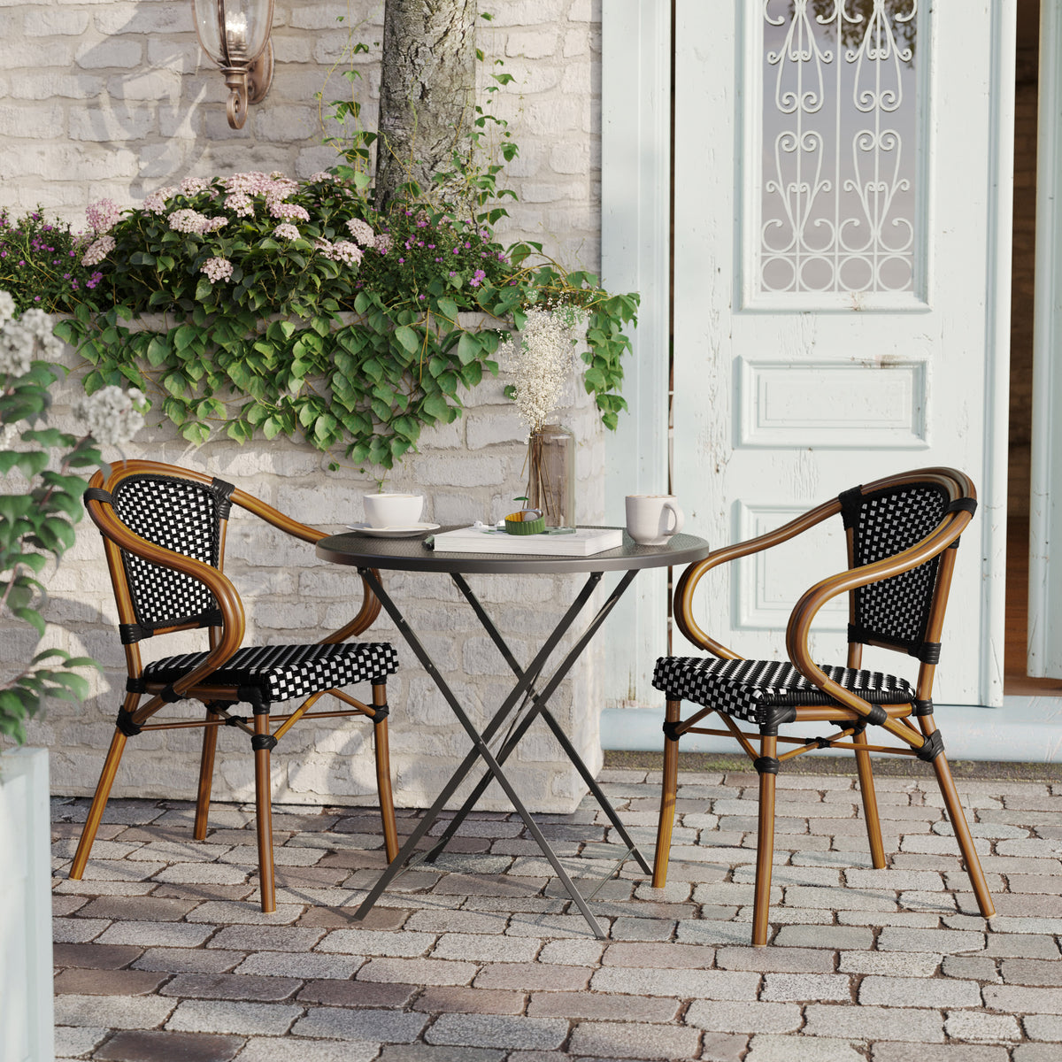 Black & White/Natural Frame |#| 2 PK All-Weather Commercial Paris Chairs with Bamboo Print Metal Frames-Blk/Wht