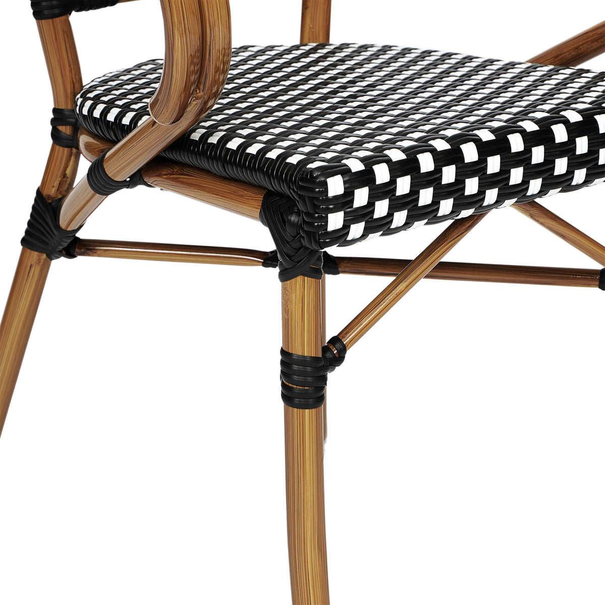Black & White/Natural Frame |#| 2 PK All-Weather Commercial Paris Chairs with Bamboo Print Metal Frames-Blk/Wht