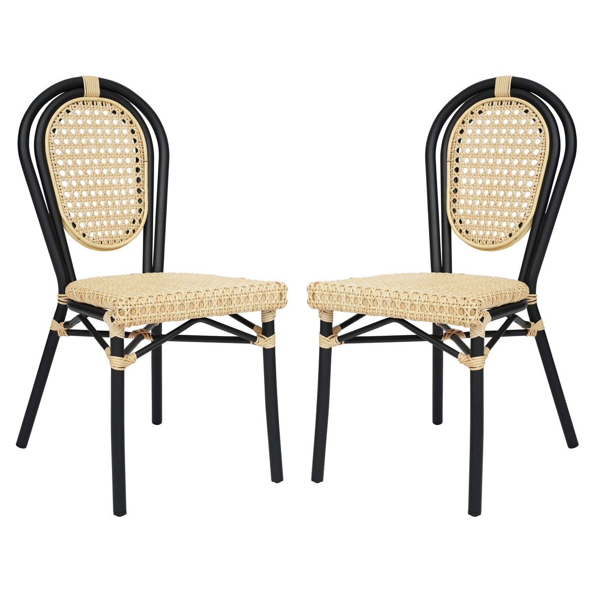 Natural/Black Frame |#| 2 Pack All-Weather Commercial Paris Chairs with Black Metal Frames-Natural