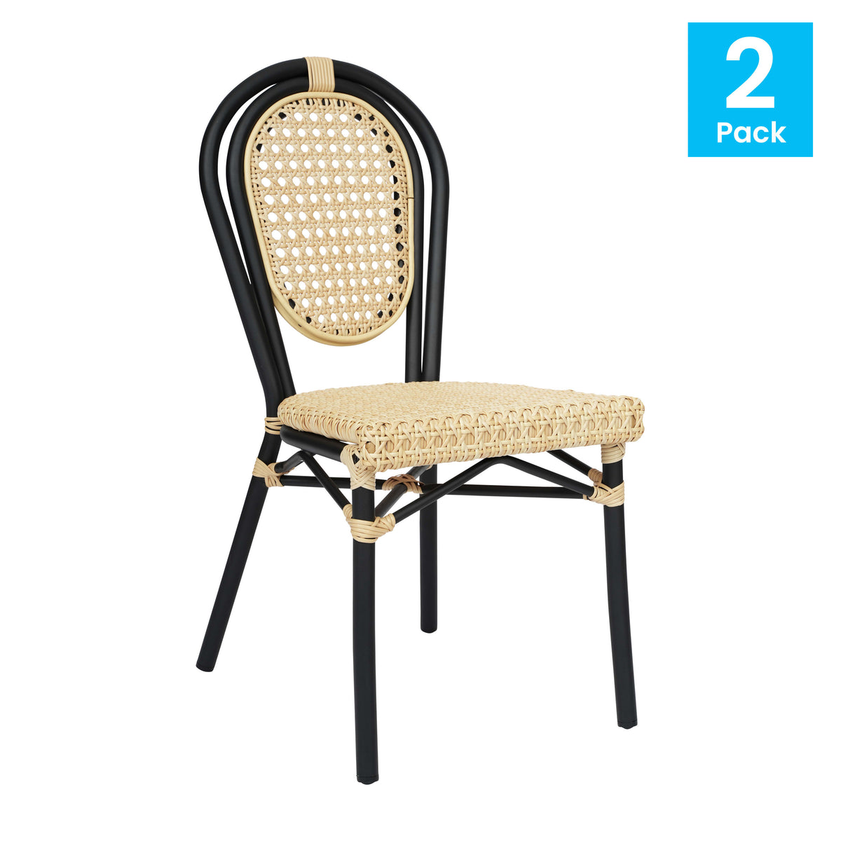 Natural/Black Frame |#| 2 Pack All-Weather Commercial Paris Chairs with Black Metal Frames-Natural