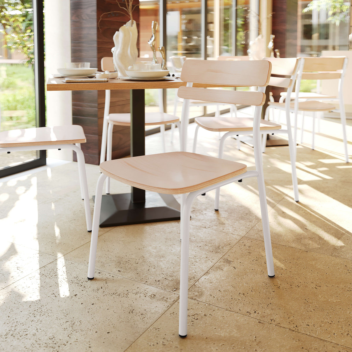Antique White |#| 2PK Commercial Solid Wood Dining Chair with White Frame and Antique White Finish