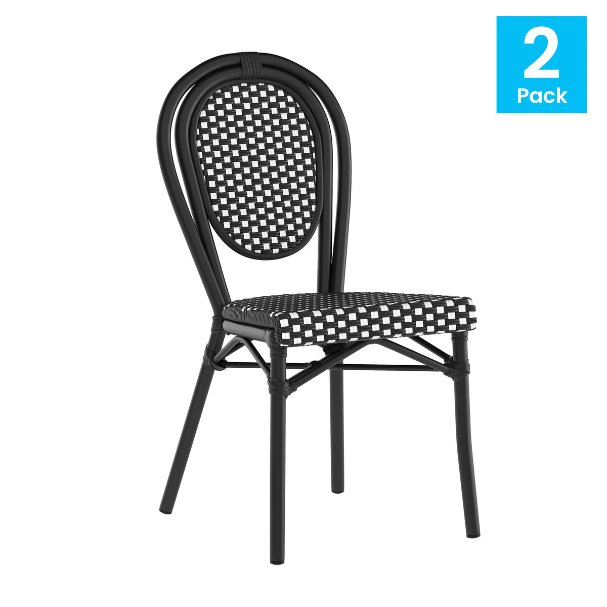 Black & White/Black Frame |#| 2 PK All-Weather Commercial Paris Chair with Black Metal Frame-Black/White
