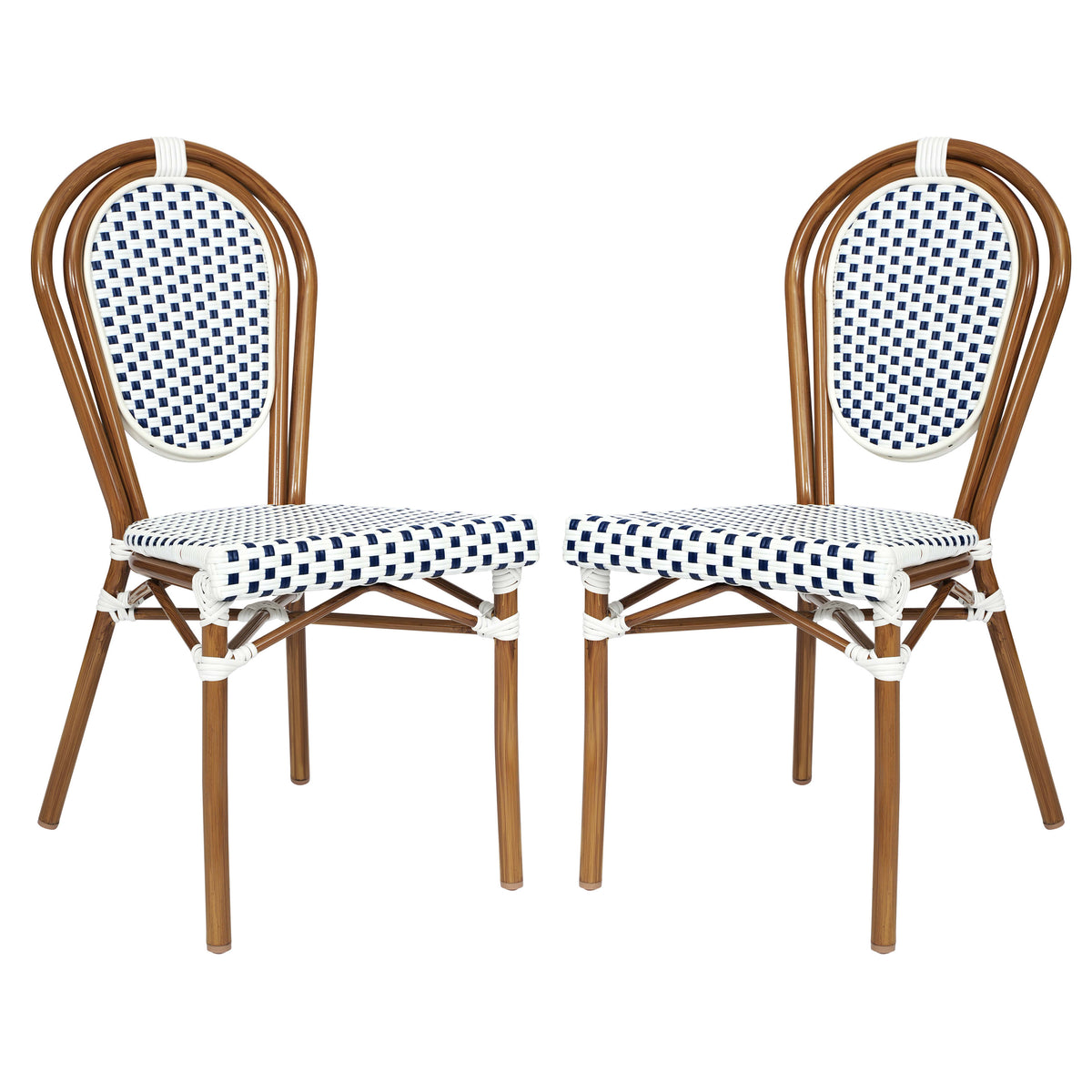 White & Navy/Natural Frame |#| 2 PK All-Weather Commercial Paris Chair with Bamboo Print Metal Frame-White/Navy