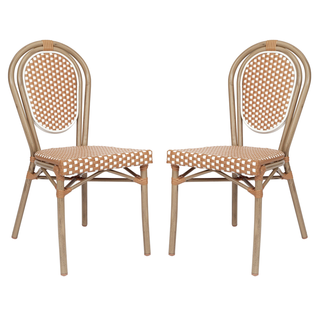 Natural & White/Light Natural Frame |#| 2 PK All-Weather Commercial Paris Chairs with Bamboo Print Metal Frame-Nat/White