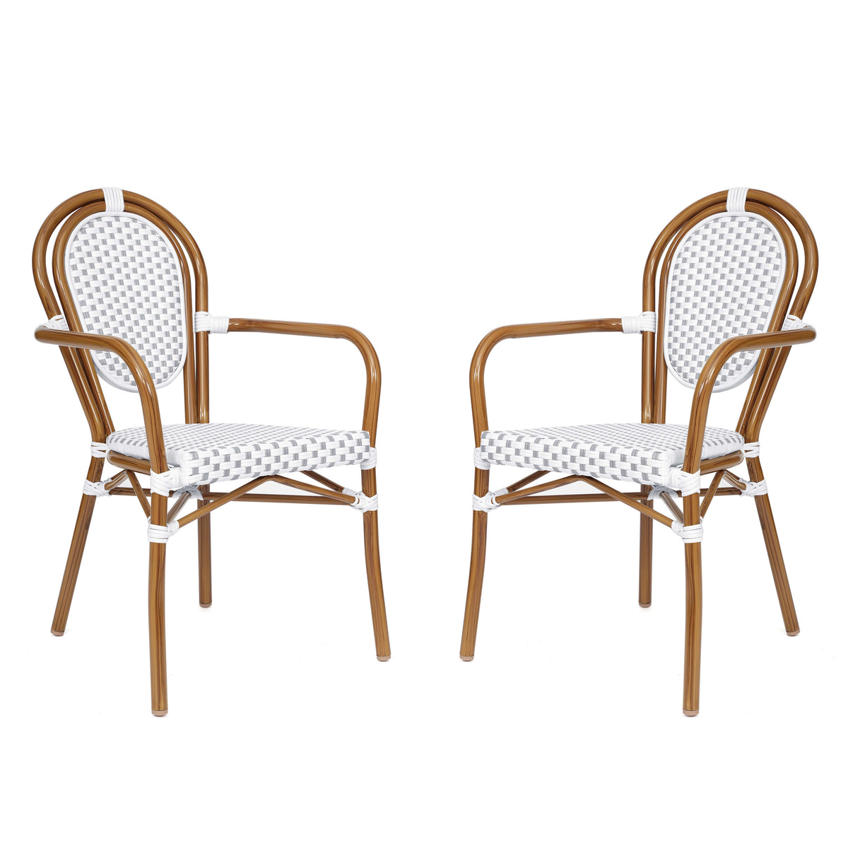 White & Gray/Natural Frame |#| 2 PK All-Weather Commercial Paris Chairs with Bamboo Print Metal Frame-Wht/Gray