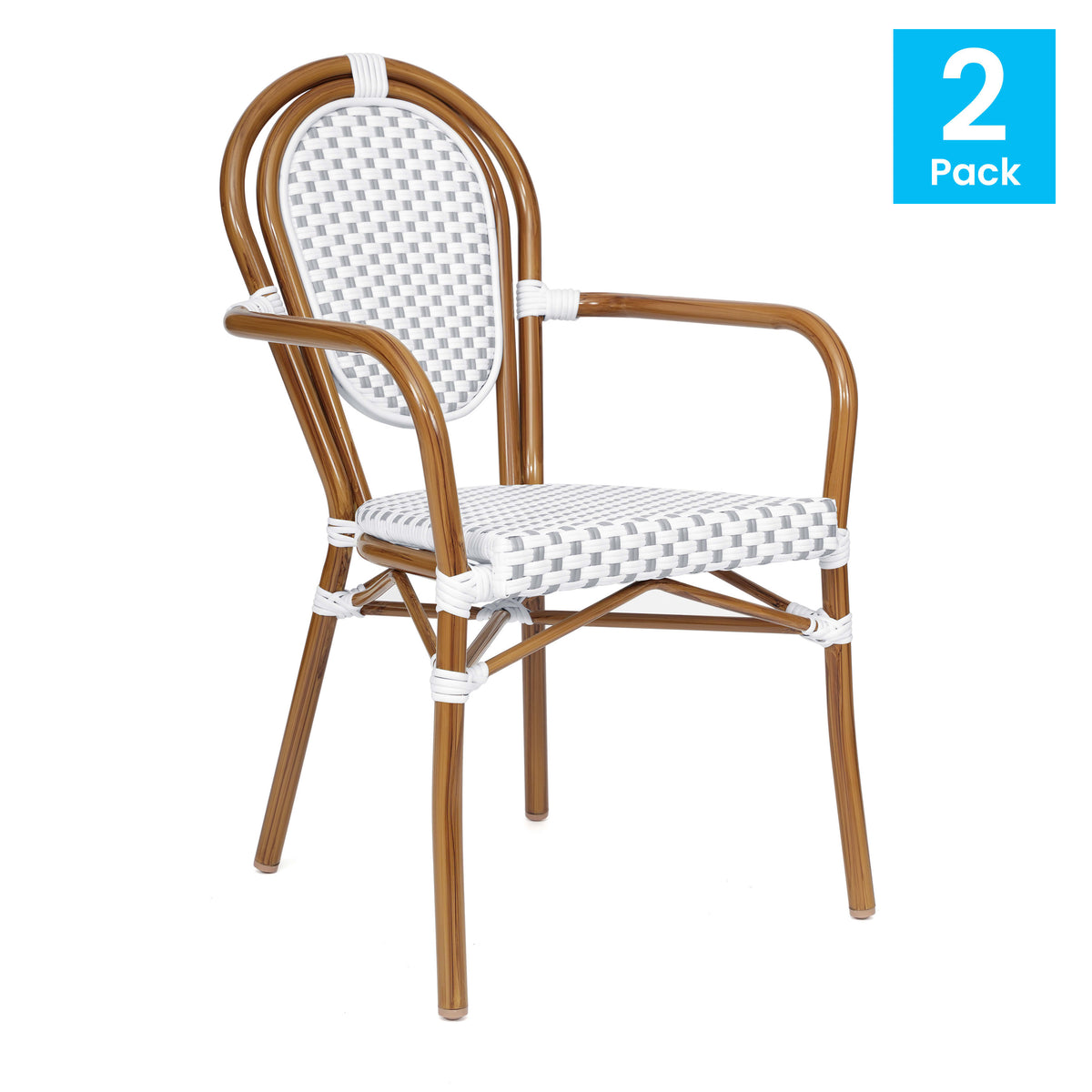 White & Gray/Natural Frame |#| 2 PK All-Weather Commercial Paris Chairs with Bamboo Print Metal Frame-Wht/Gray