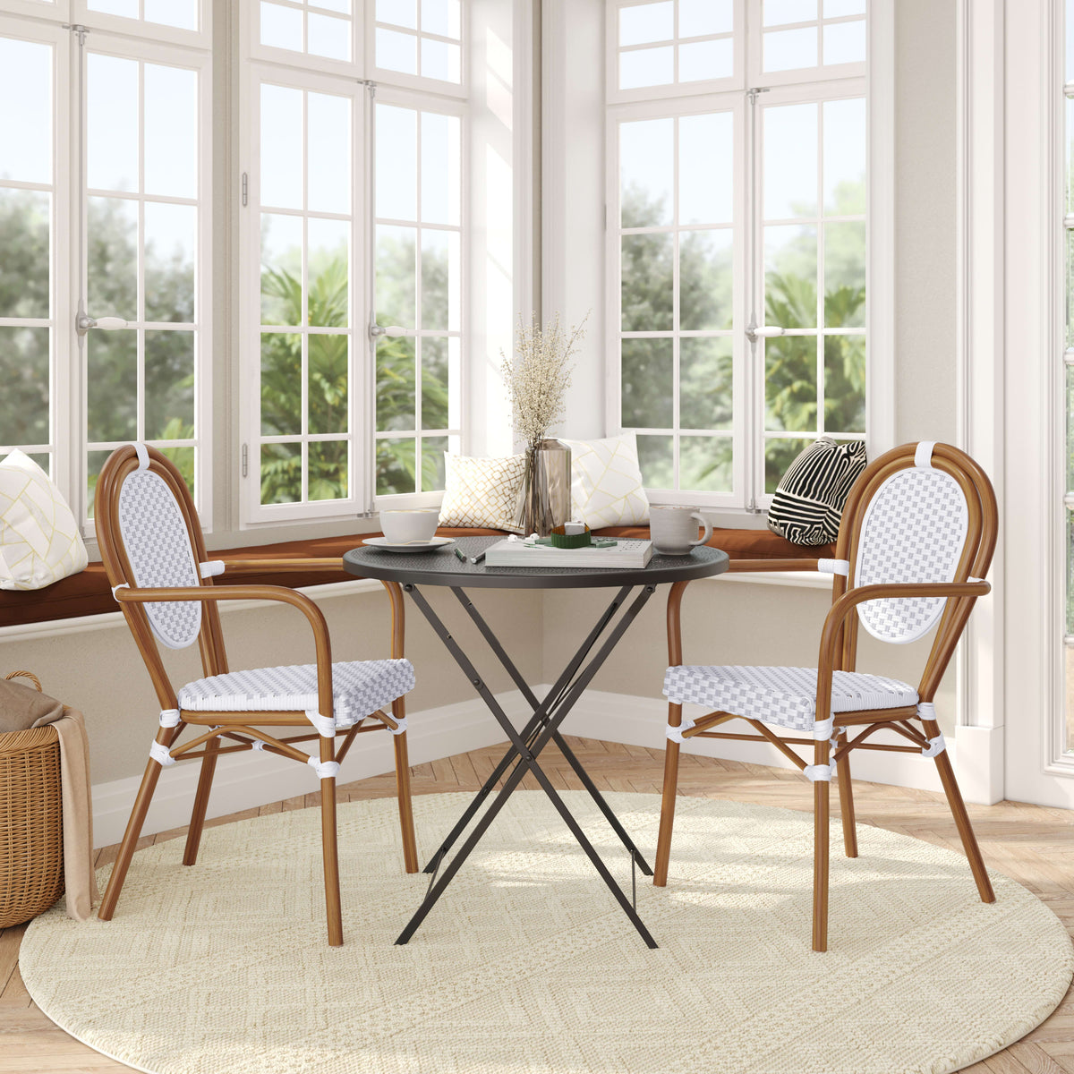 White & Gray/Natural Frame |#| 2 PK All-Weather Commercial Paris Chairs with Bamboo Print Metal Frame-Wht/Gray
