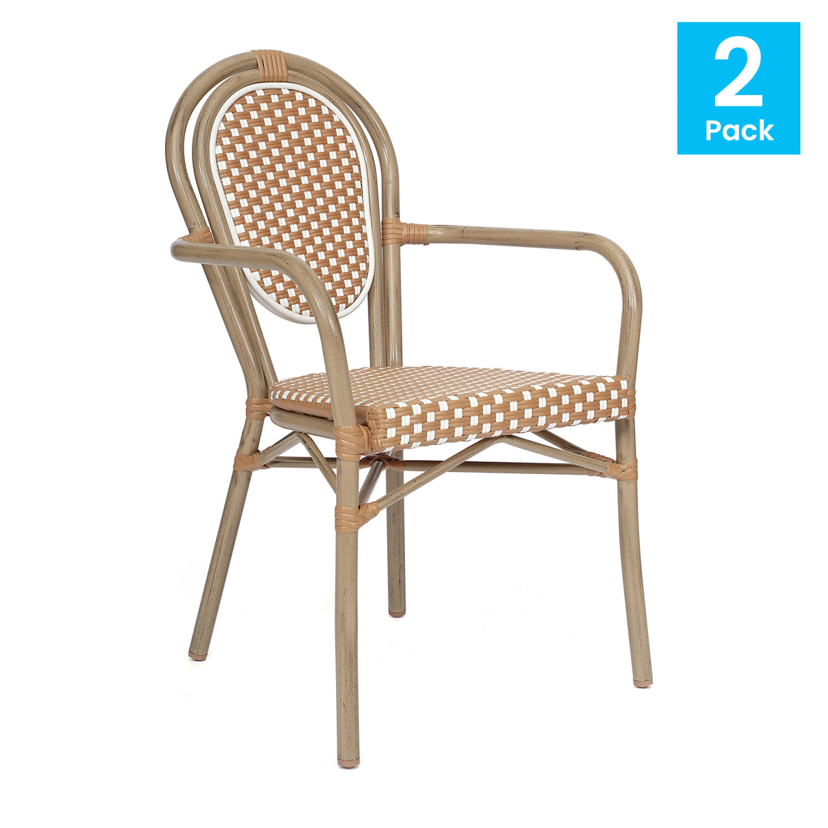 Natural & White/Light Natural Frame |#| 2 PK All-Weather Commercial Paris Chairs with Bamboo Print Metal Frame-Nat/White