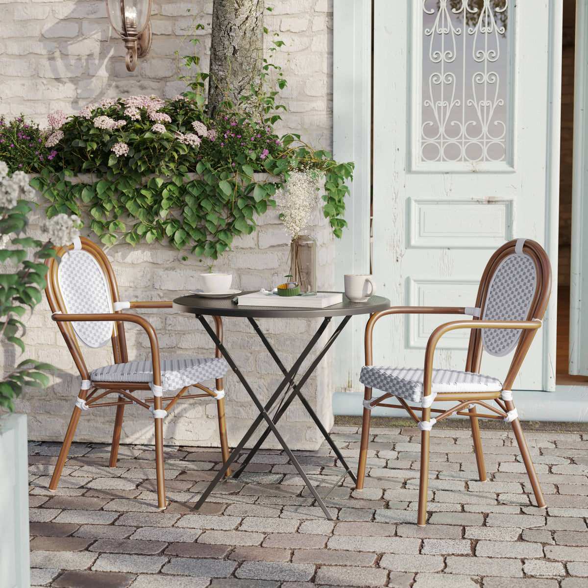 White & Gray/Natural Frame |#| 2 PK All-Weather Commercial Paris Chairs with Bamboo Print Metal Frame-Wht/Gray