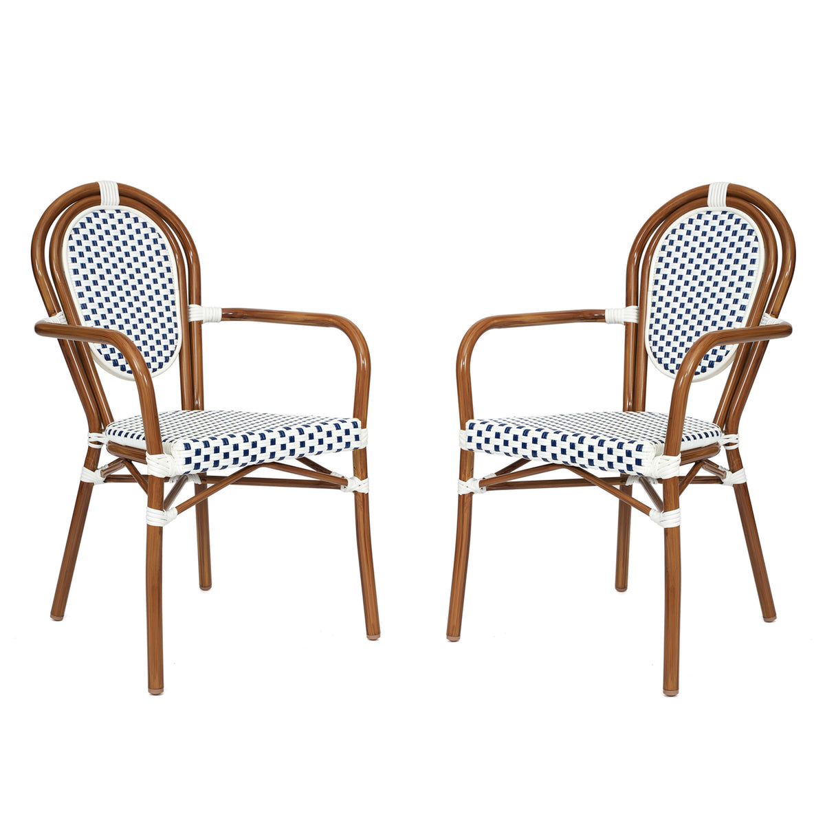 White & Navy/Natural Frame |#| 2 PK All-Weather Commercial Paris Chairs with Bamboo Print Metal Frame-Wht/Navy