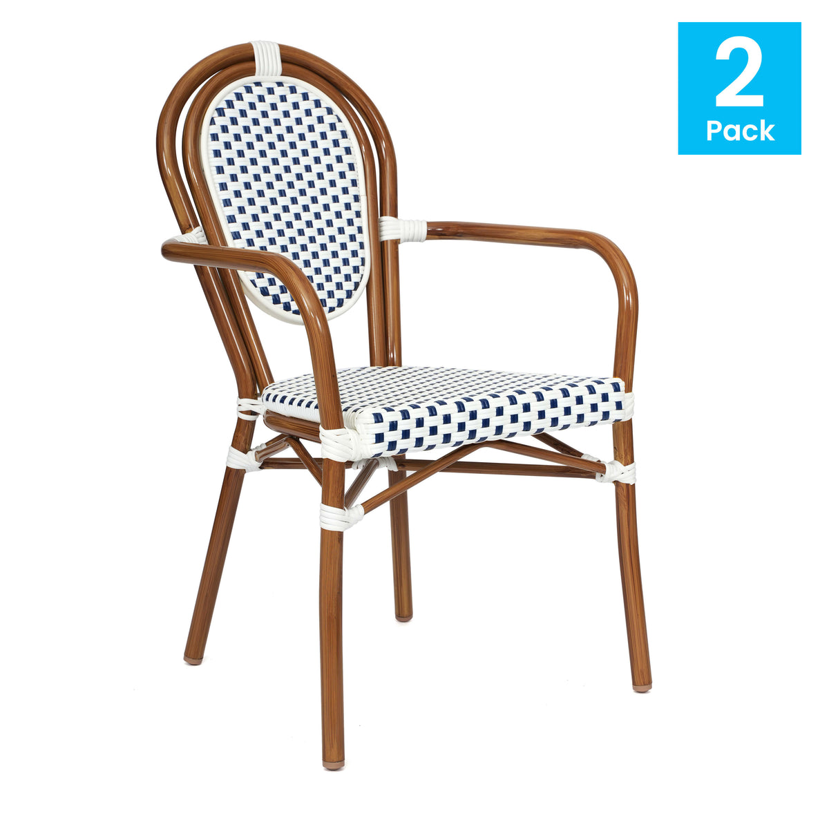 White & Navy/Natural Frame |#| 2 PK All-Weather Commercial Paris Chairs with Bamboo Print Metal Frame-Wht/Navy