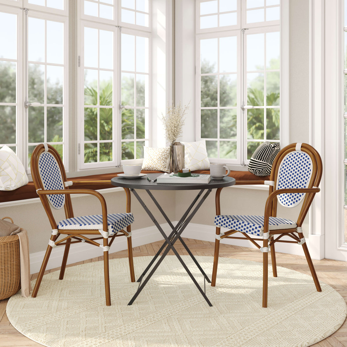 White & Navy/Natural Frame |#| 2 PK All-Weather Commercial Paris Chairs with Bamboo Print Metal Frame-Wht/Navy