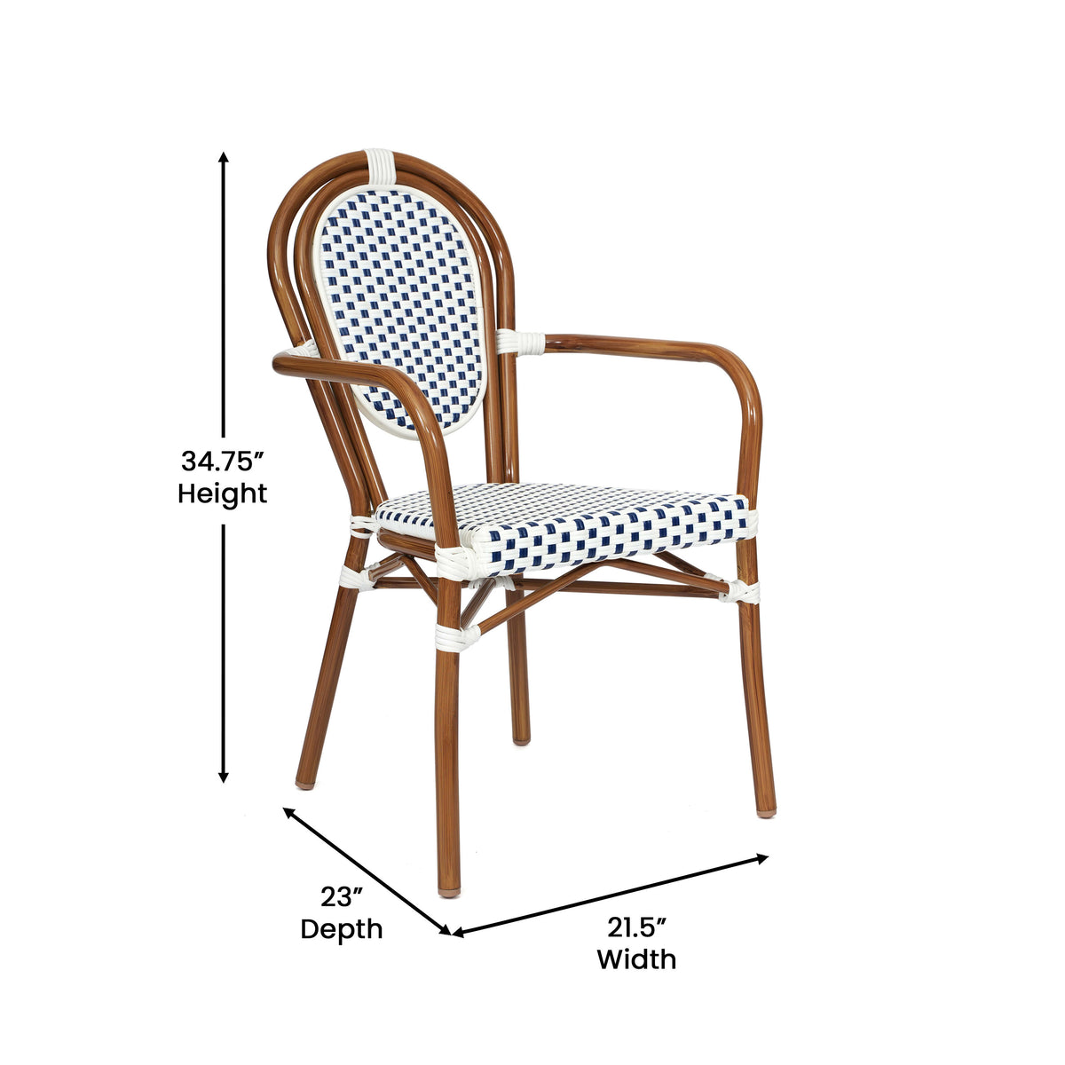White & Navy/Natural Frame |#| 2 PK All-Weather Commercial Paris Chairs with Bamboo Print Metal Frame-Wht/Navy