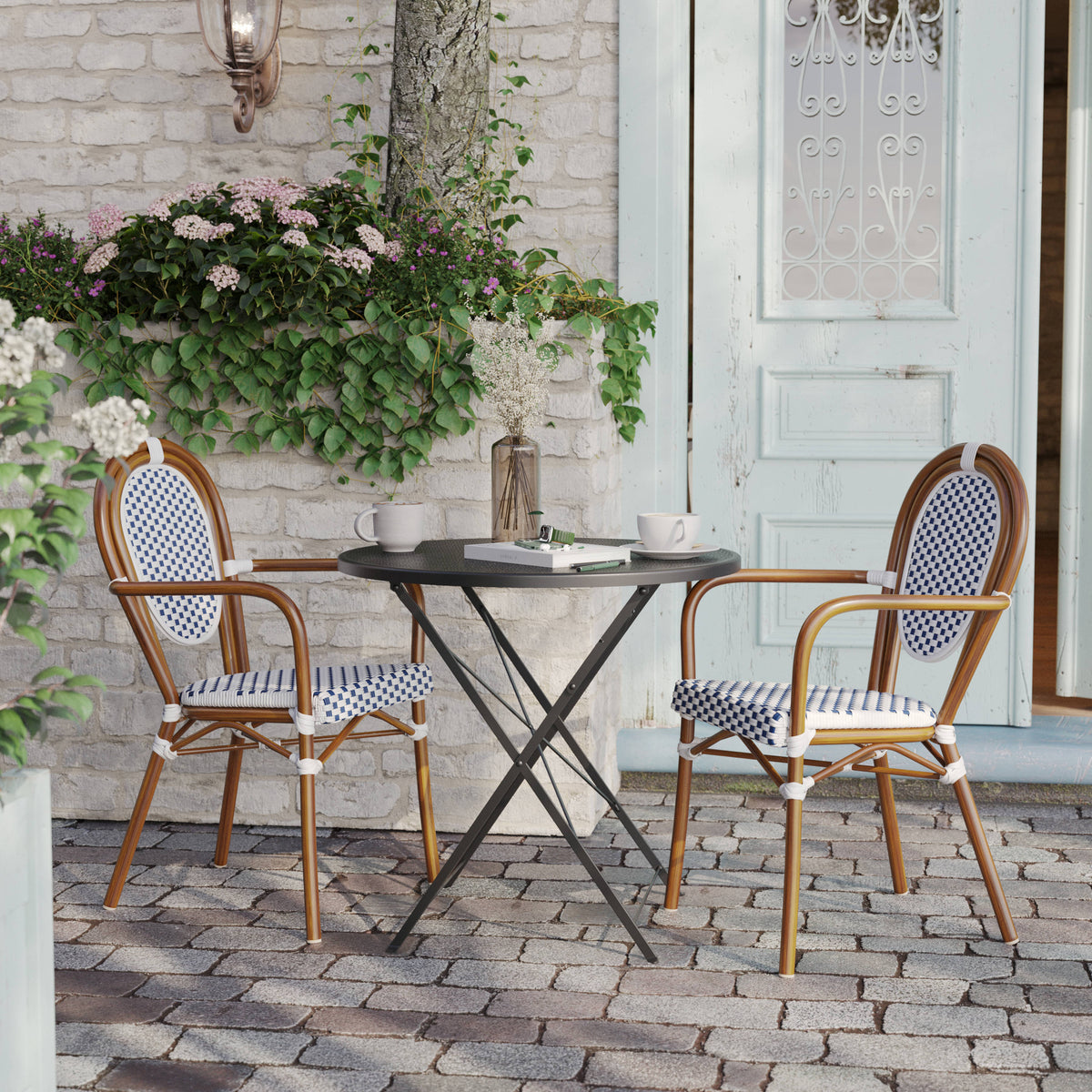 White & Navy/Natural Frame |#| 2 PK All-Weather Commercial Paris Chairs with Bamboo Print Metal Frame-Wht/Navy