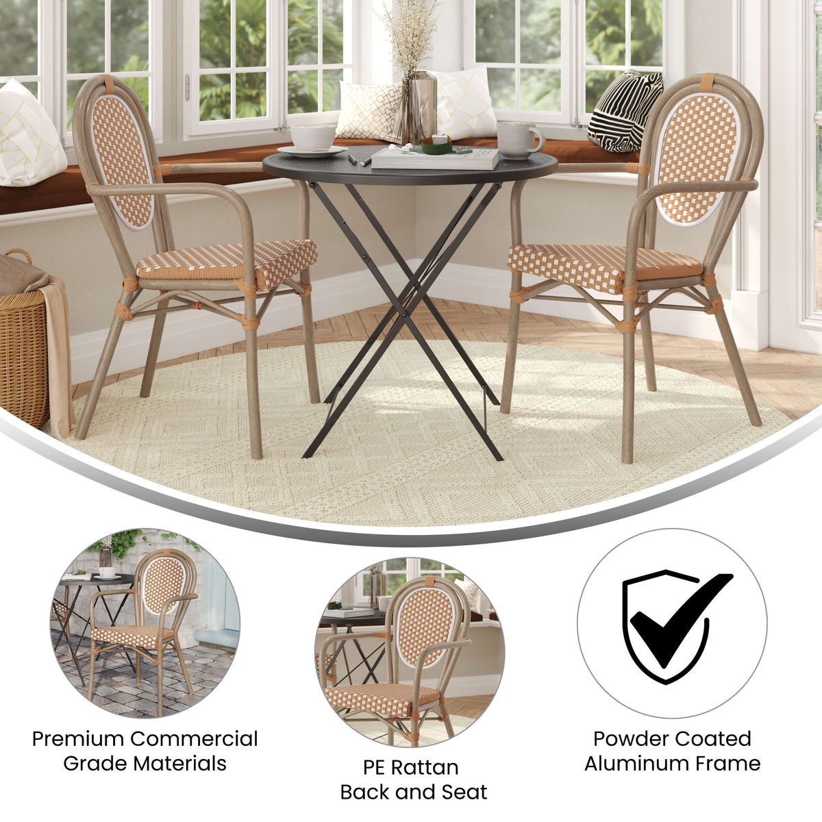 Natural & White/Light Natural Frame |#| 2 PK All-Weather Commercial Paris Chairs with Bamboo Print Metal Frame-Nat/White