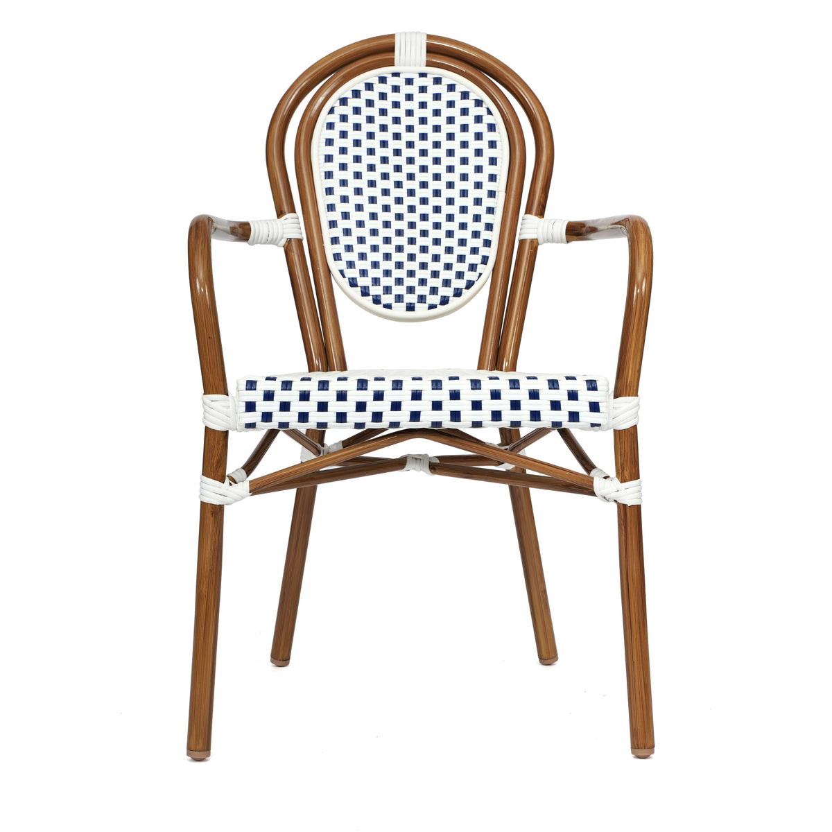 White & Navy/Natural Frame |#| 2 PK All-Weather Commercial Paris Chairs with Bamboo Print Metal Frame-Wht/Navy
