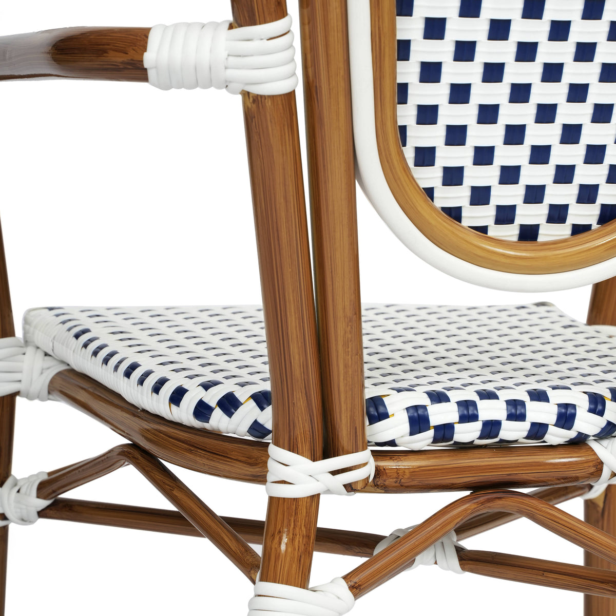 White & Navy/Natural Frame |#| 2 PK All-Weather Commercial Paris Chairs with Bamboo Print Metal Frame-Wht/Navy